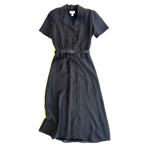 Talbots Vintage 90s Black & White Polka Dot Short Sleeve Belted Retro Midi Dress